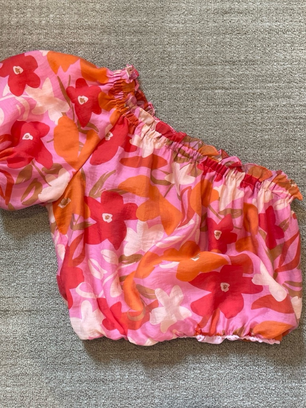 Astr Tropical Floral Off-Shoulder Crop Top in Pink, Red & Orange